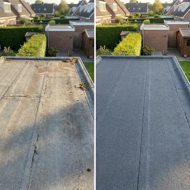 Hetzelfde dak, voor en na het vervangen van de dakbedekking